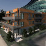 Commercial Residential building with Alyeska and the mountains in the background of downtown Girdwood. Woonerf design with commercial at street level and residences above.