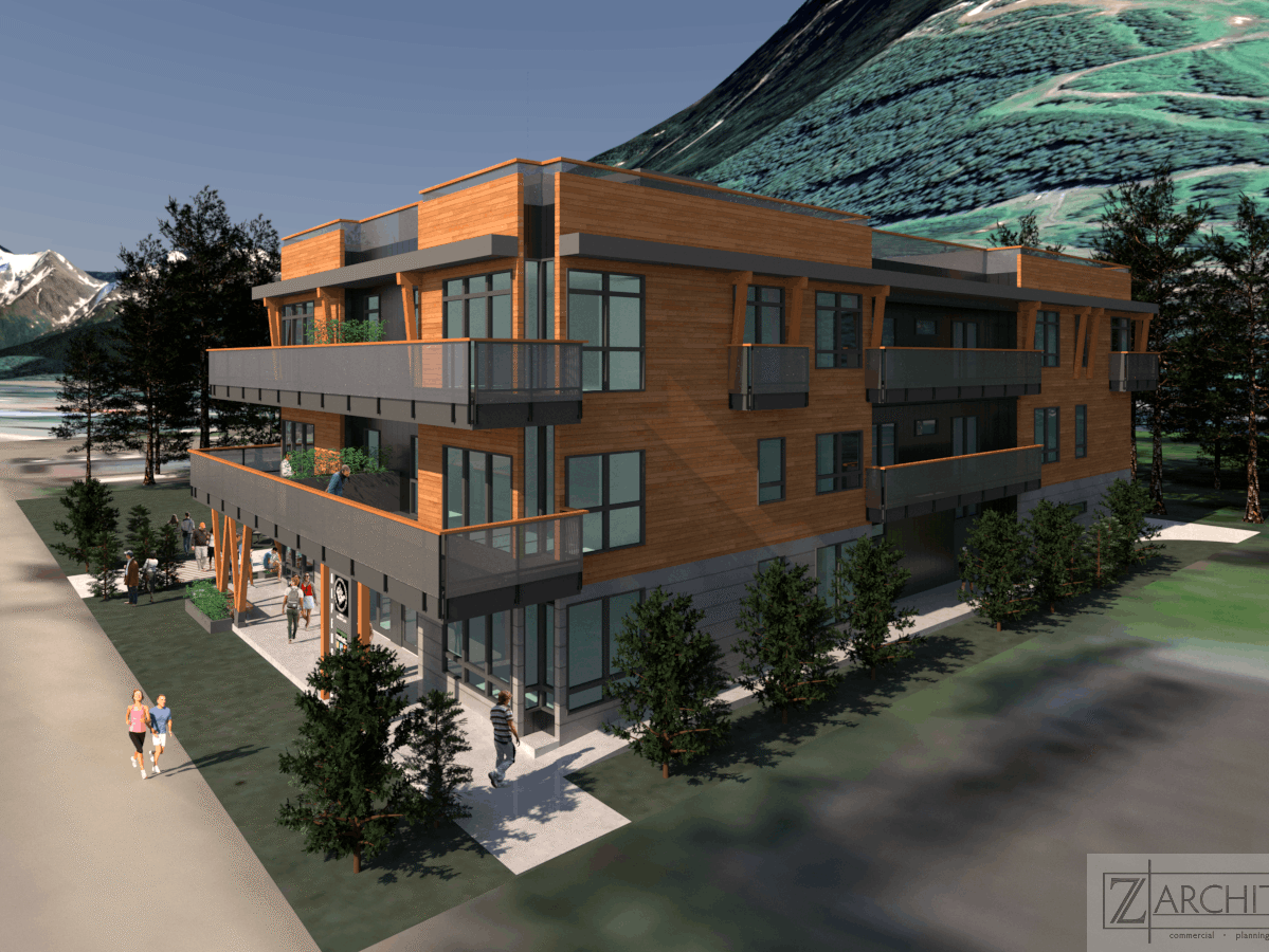 Woonerf design with commercial at street level and residences above.