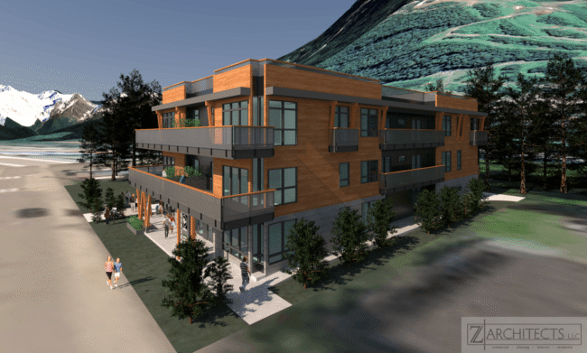 Woonerf design with commercial at street level and residences above.